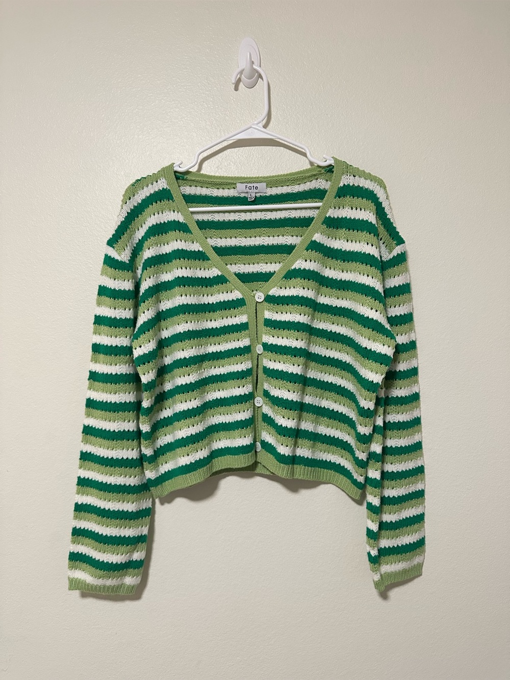 Fate Green and White Striped V-Neck Button Knit Cardigan